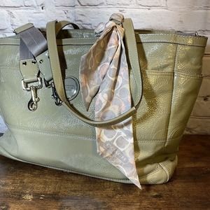 Coach Signature Olive Patent Leather Baby Diaper Tote Bag Purse F17940 & Scarf